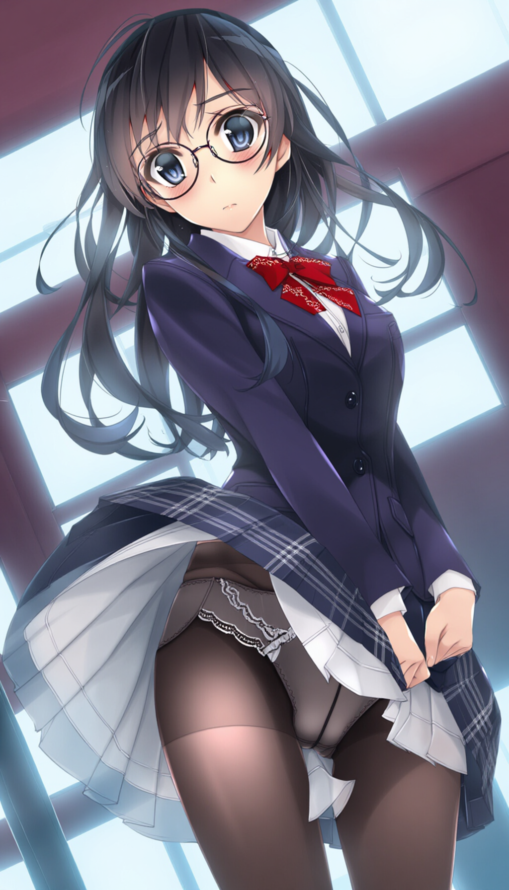 blazer, black-framed round eyewear, pantyshot