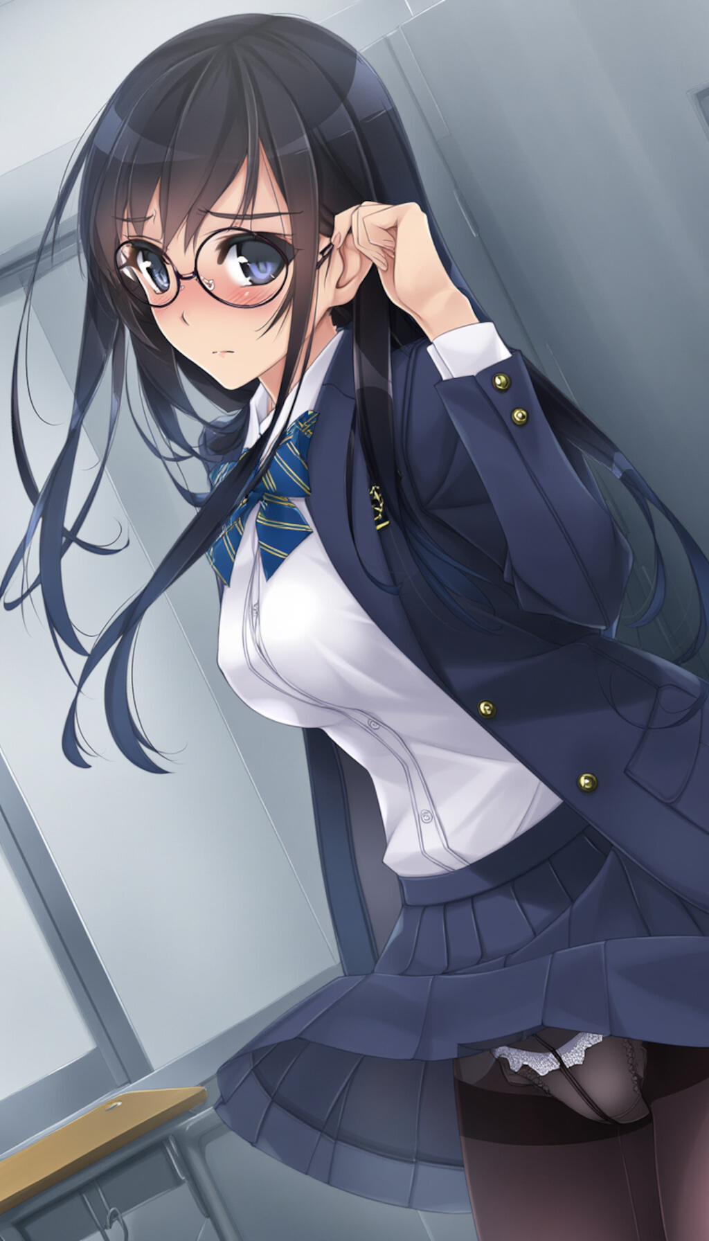 blazer, black-framed round eyewear, pantyshot