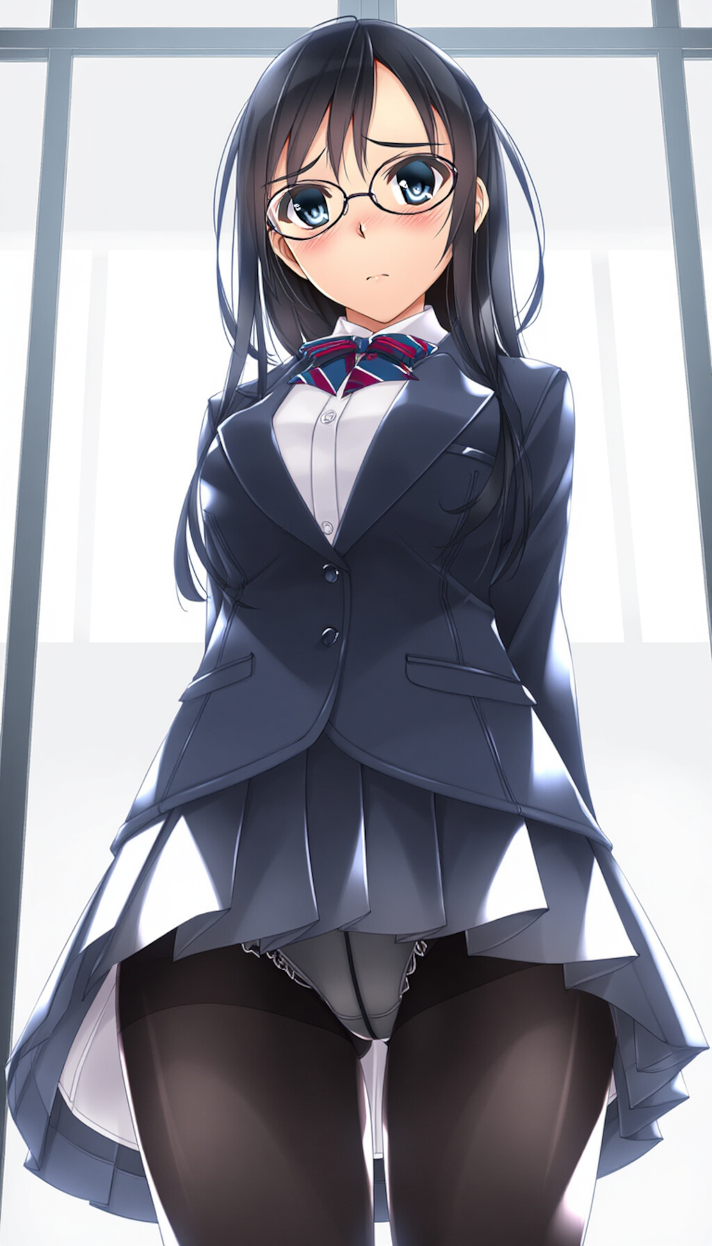 blazer, black-framed round eyewear, pantyshot