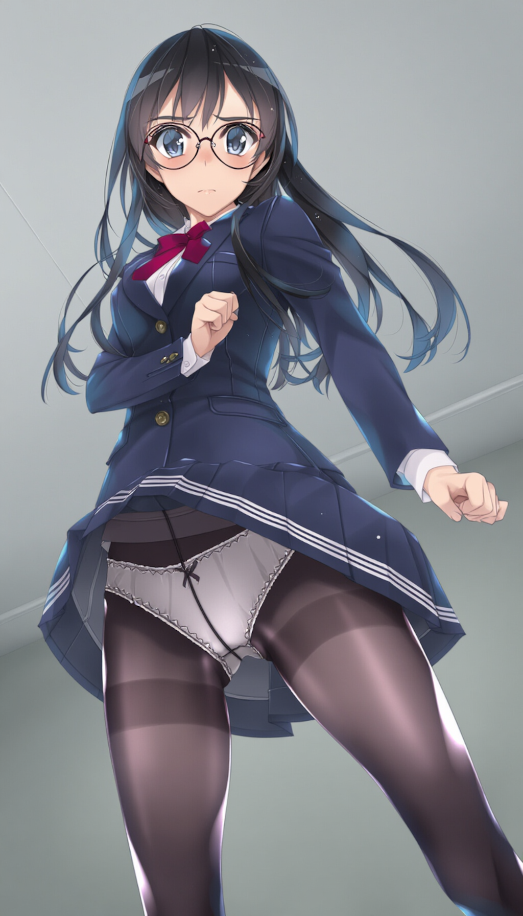 blazer, black-framed round eyewear, pantyshot