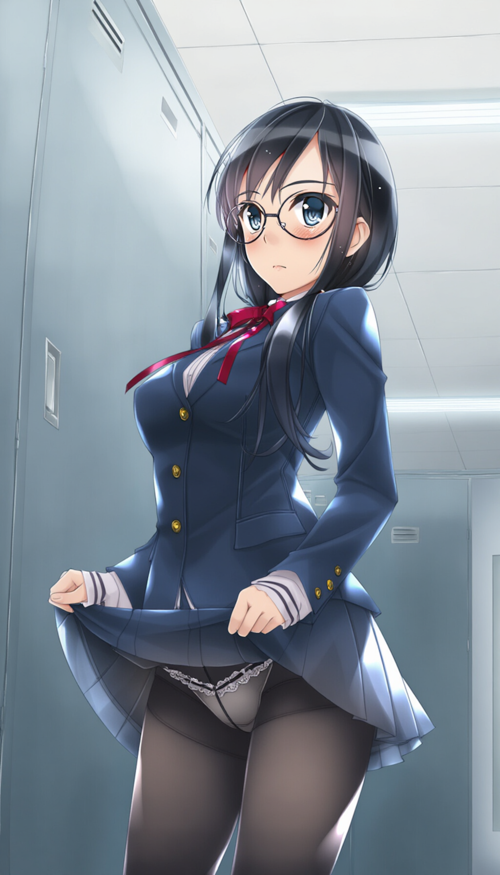 blazer, black-framed round eyewear, pantyshot
