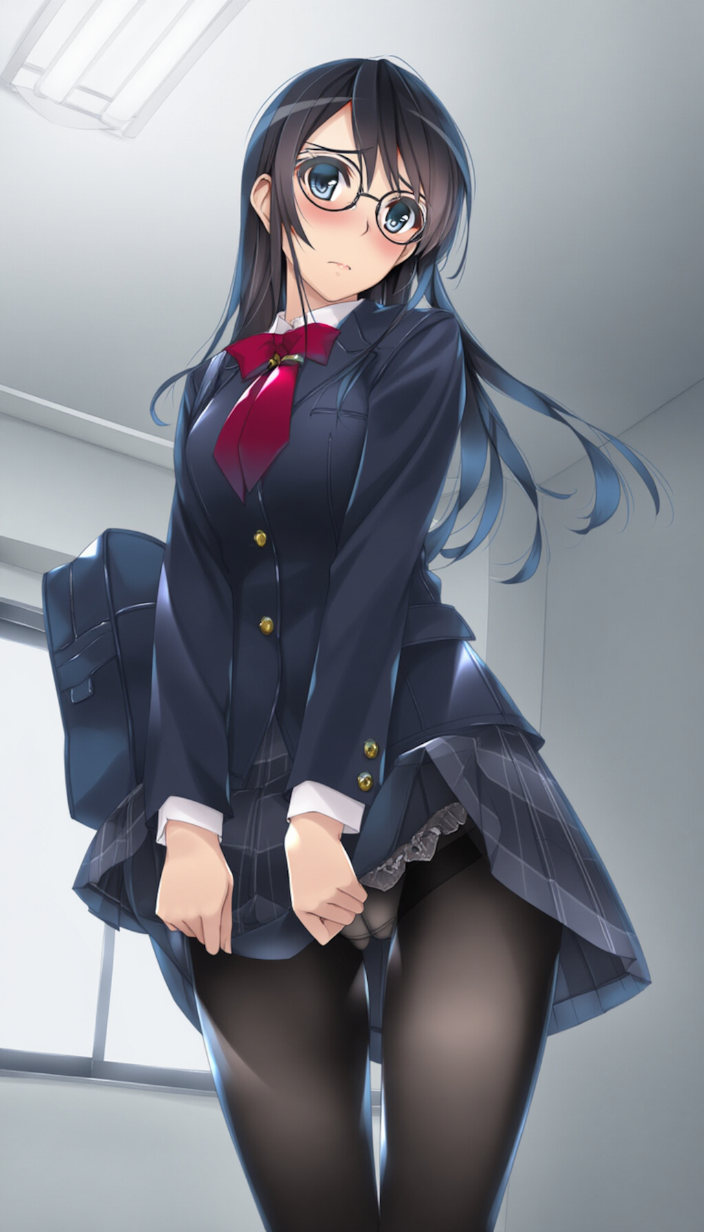 blazer, black-framed round eyewear, pantyshot