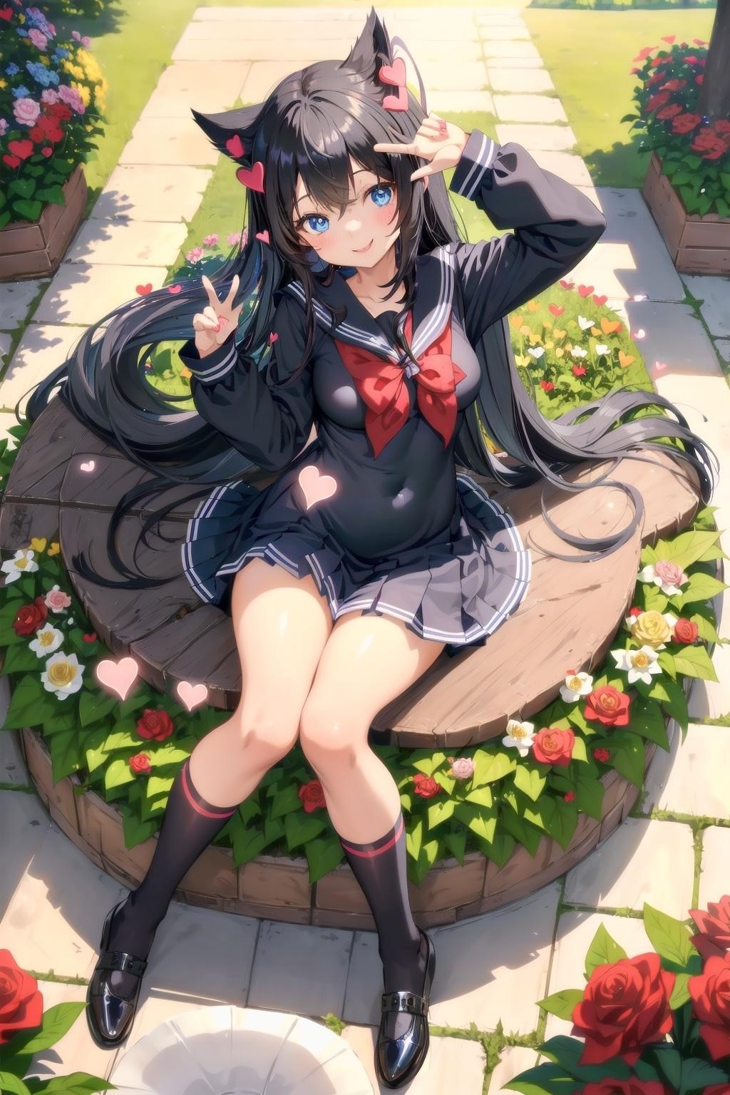 バラ園とセーラー服