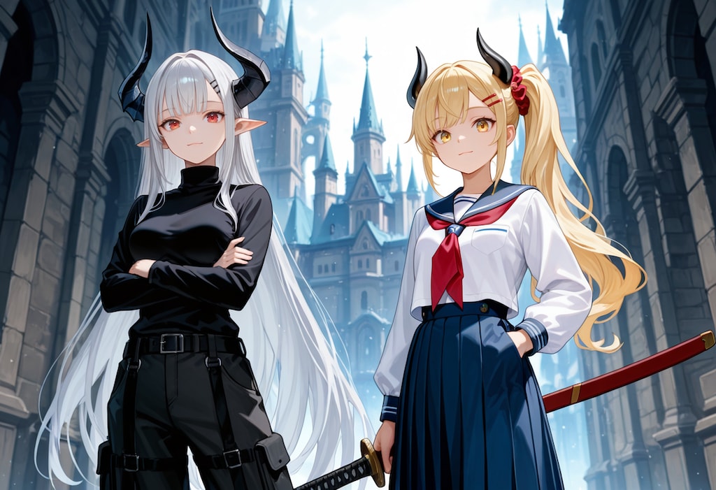 いつもの銀髪竜姫さんといつもの女鬼高生さんの角コンビ