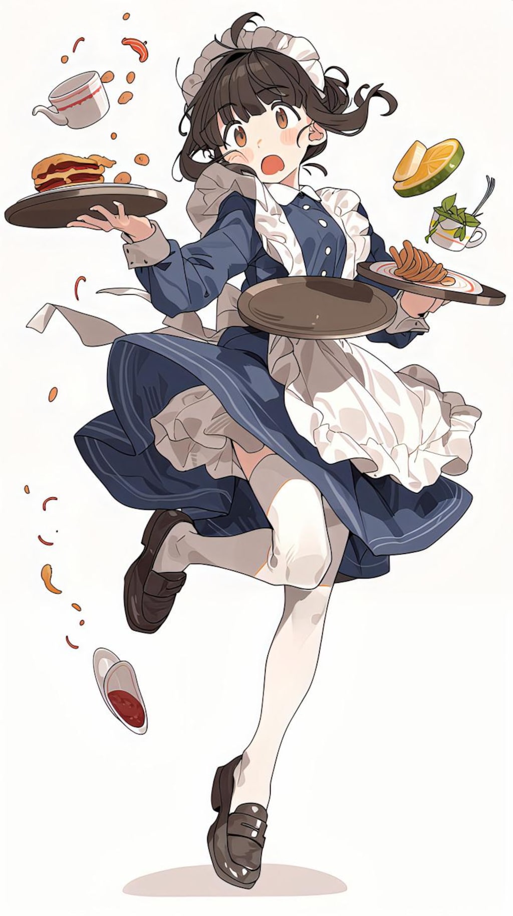メイドの足元が滑って飛び散る食事