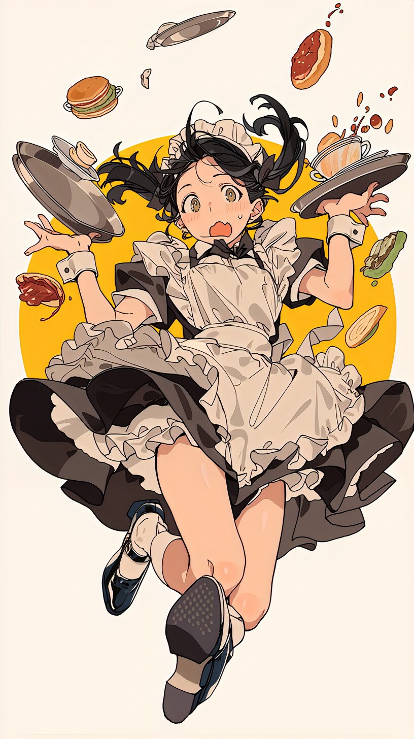 メイドの足元が滑って飛び散る食事 | の人気AIイラスト・グラビア