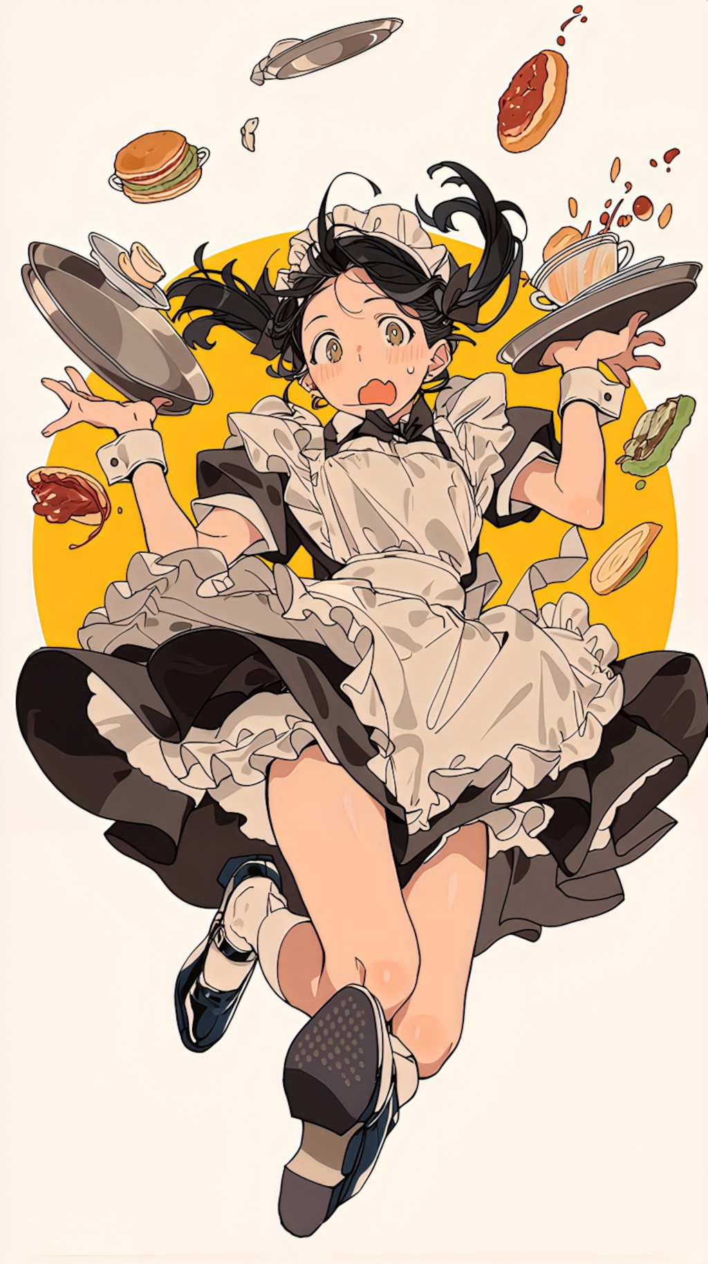 メイドの足元が滑って飛び散る食事