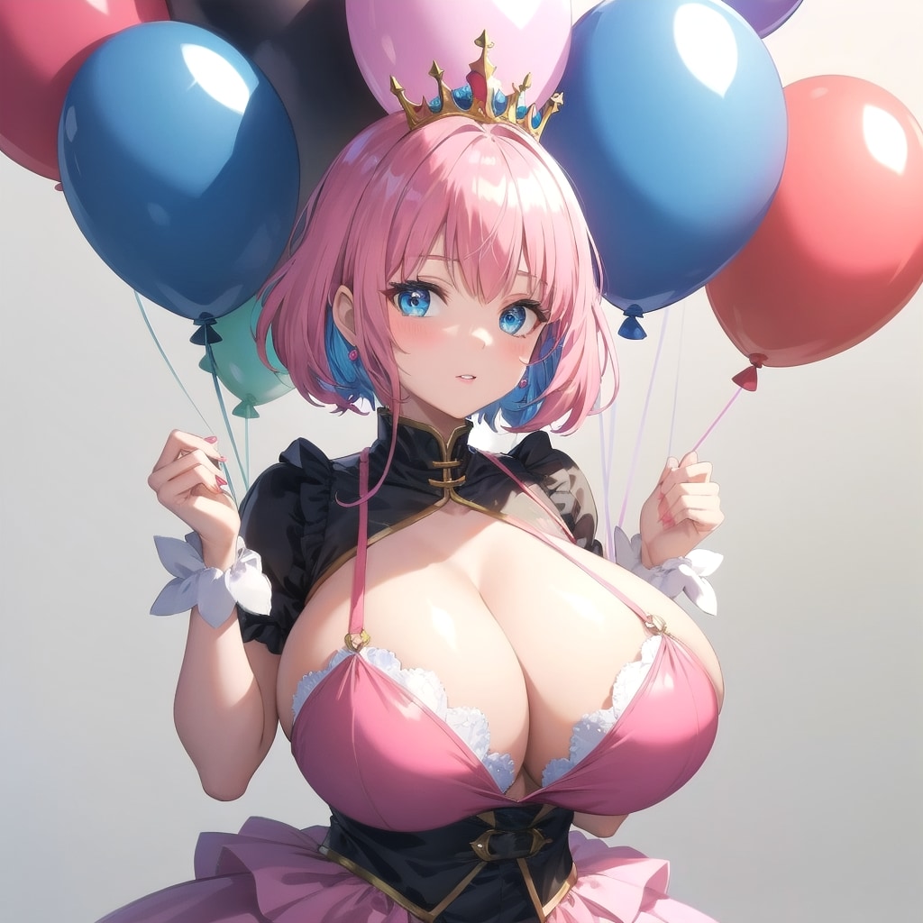 いっぱい色とりどりの風船を持つピンク髪ショートカットのお姫様