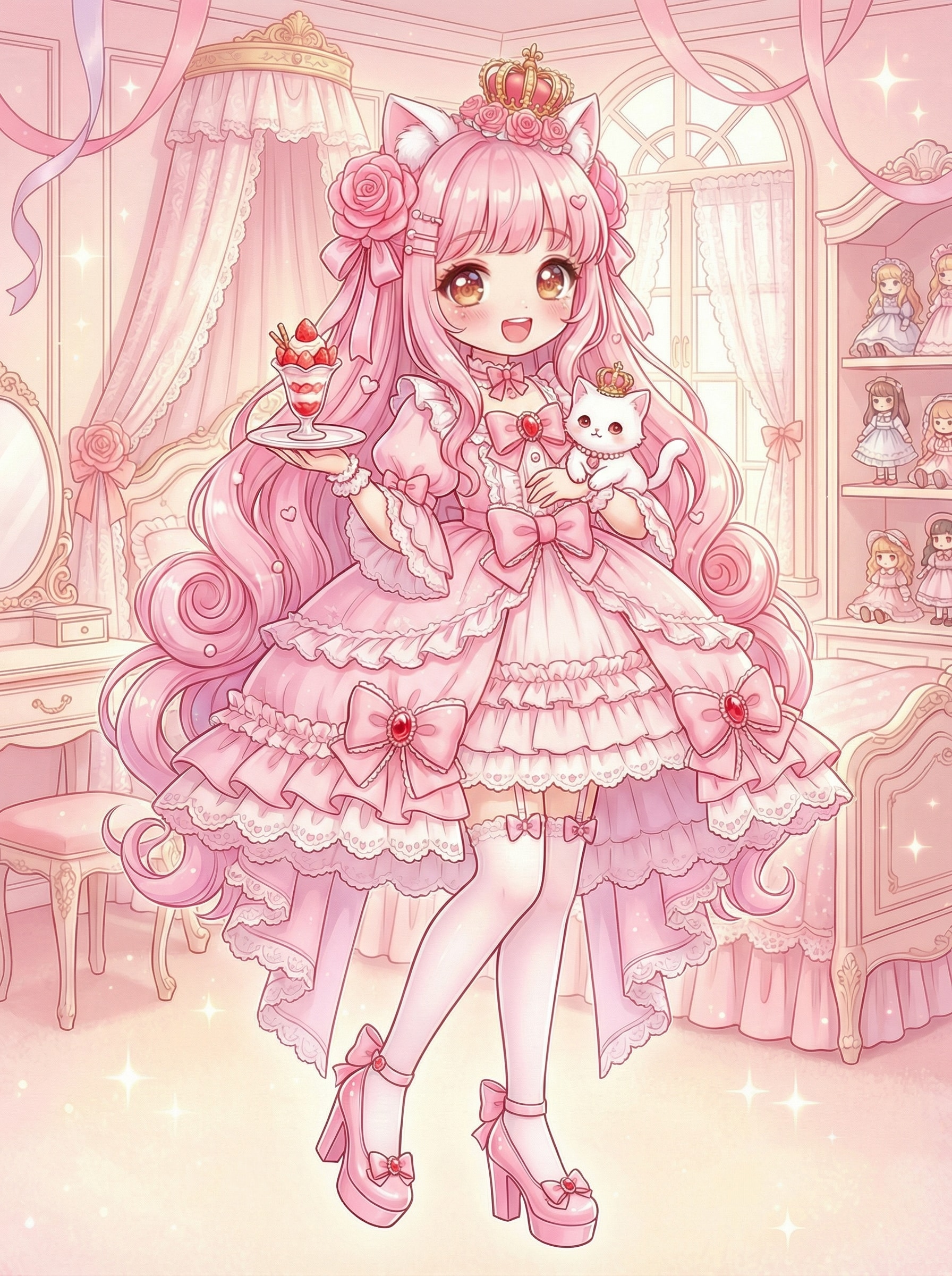 桃色長髪姫と蜜猫の絢爛少女部屋幻想 | の人気AIイラスト・グラビア