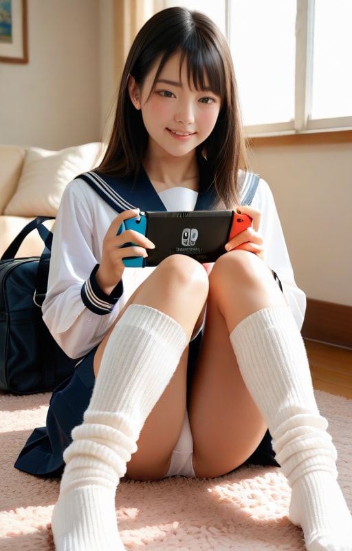 ゲーム機に夢中になる女子