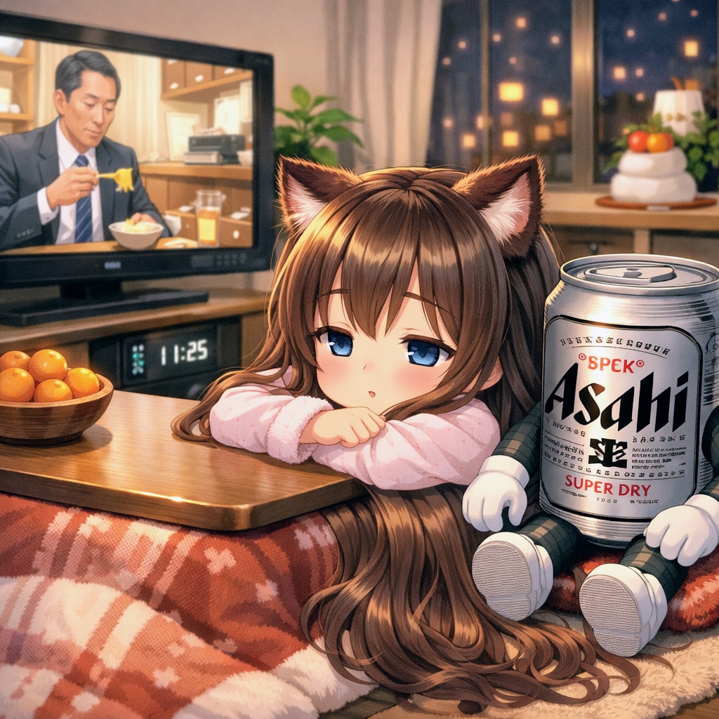 大晦日にテレビを観ながら夜更かしする小さな女の子