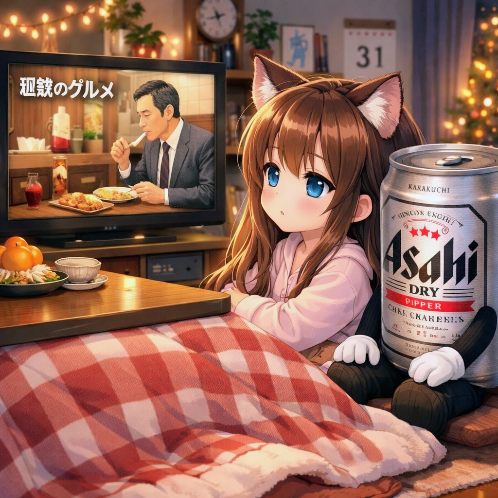 大晦日にテレビを観ながら夜更かしする小さな女の子