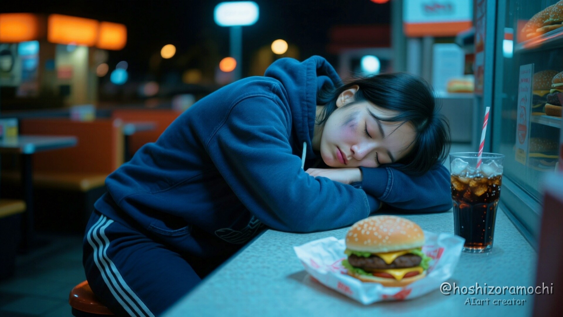 深夜のカウンター席で居眠り