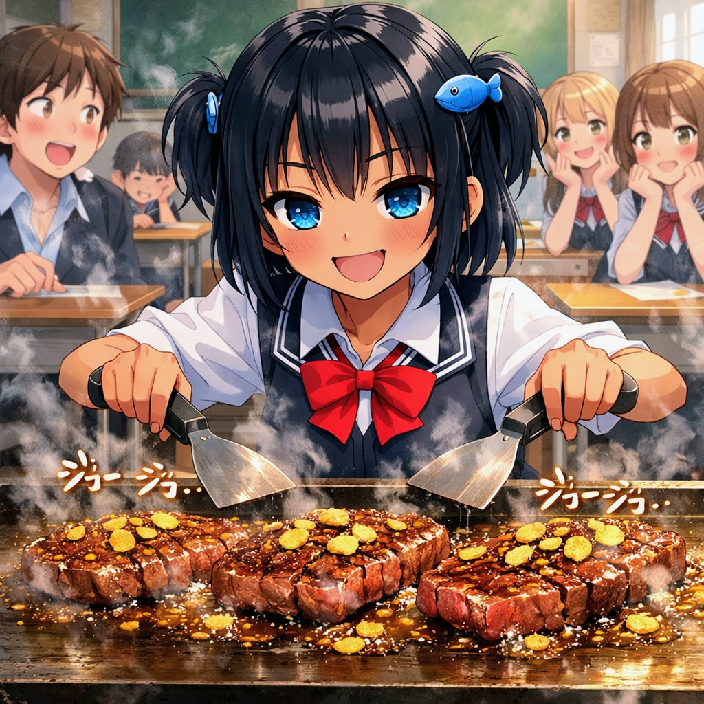 鉄板焼きステーキを作るこなつちゃん