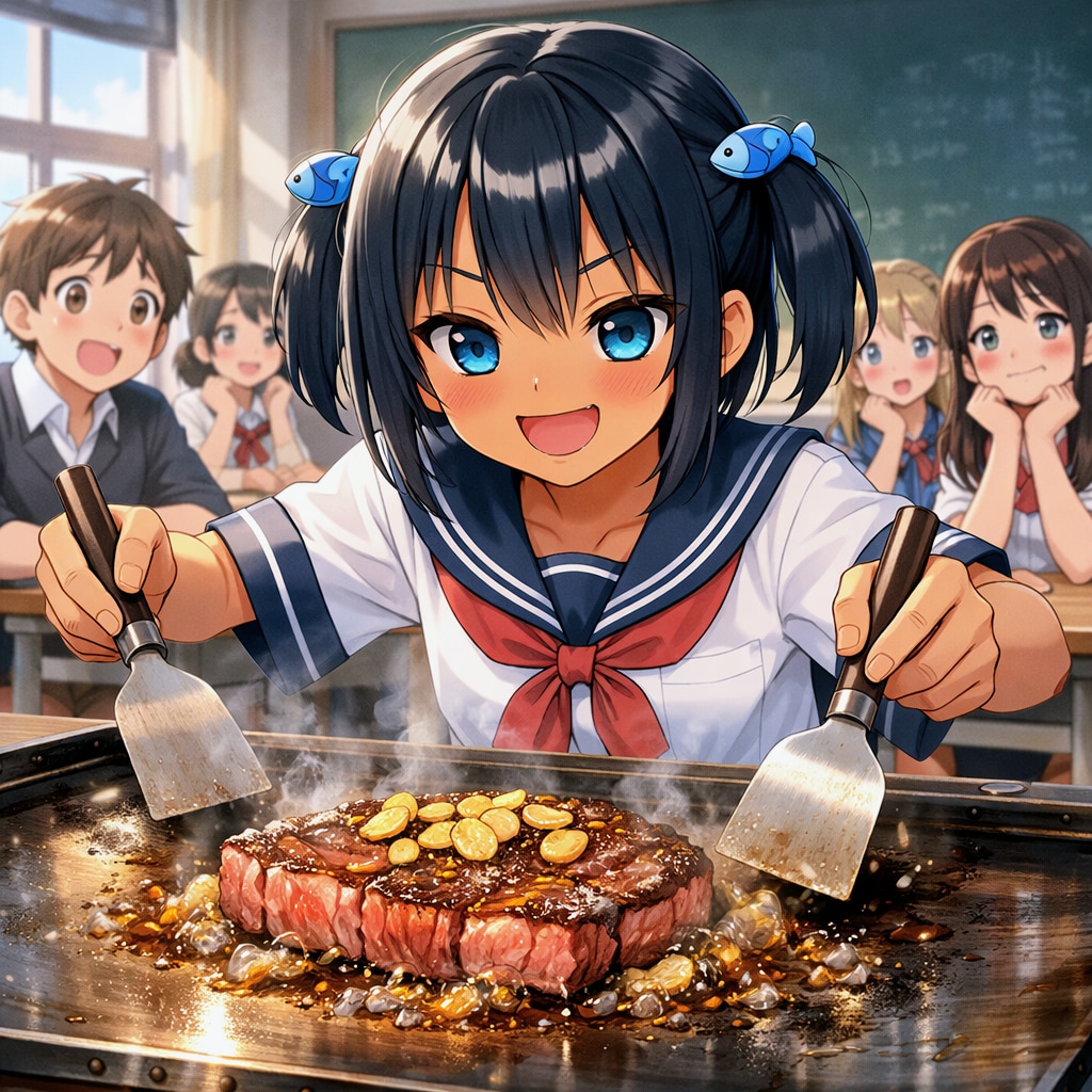 鉄板焼きステーキを作るこなつちゃん