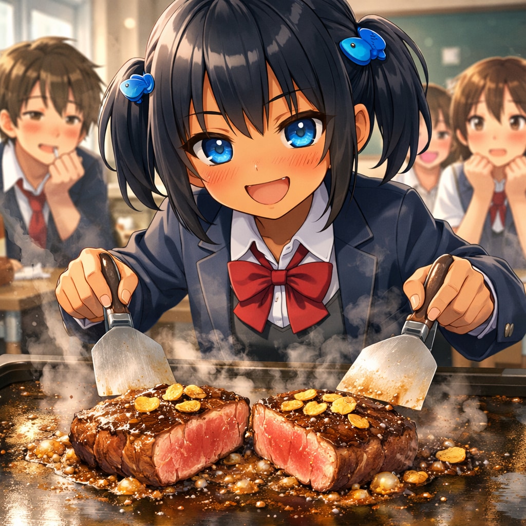 鉄板焼きステーキを作るこなつちゃん