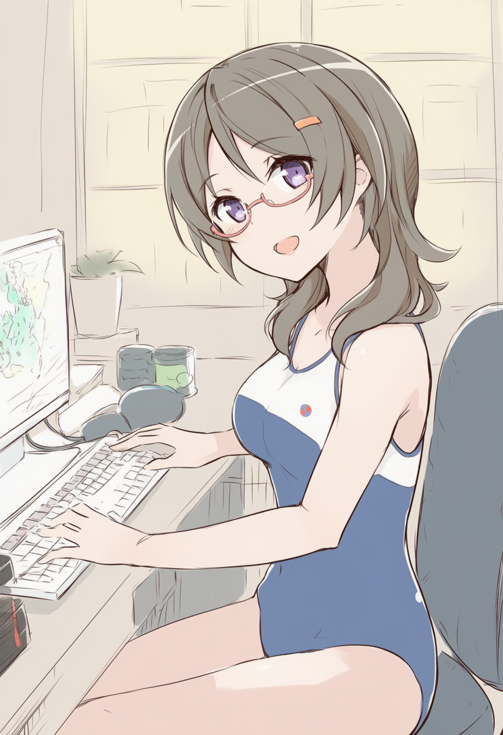 暑くて水着で書類しことしちゃうモカちゃん