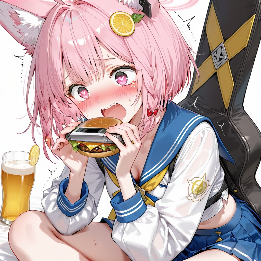 ギターを背に旅するハンバーガーにハーモニカを挟んでしまった系女子 | の人気AIイラスト・グラビア