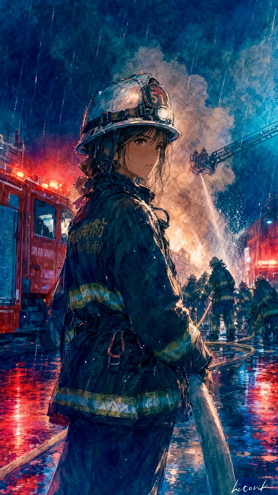 雨夜の消防士／スマホ壁紙アーカイブ | の人気AIイラスト・グラビア