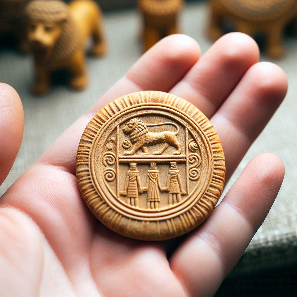 シュメール時代出土の平べったいクリームパンのような形のトークンが一つ置いてある