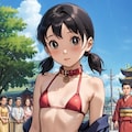 神社を連れまわされるマイクロビキニ少女 5枚目