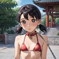 神社を連れまわされるマイクロビキニ少女 2枚目