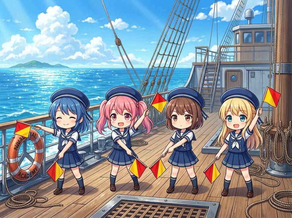 手旗信号を送る水兵ちゃんたち