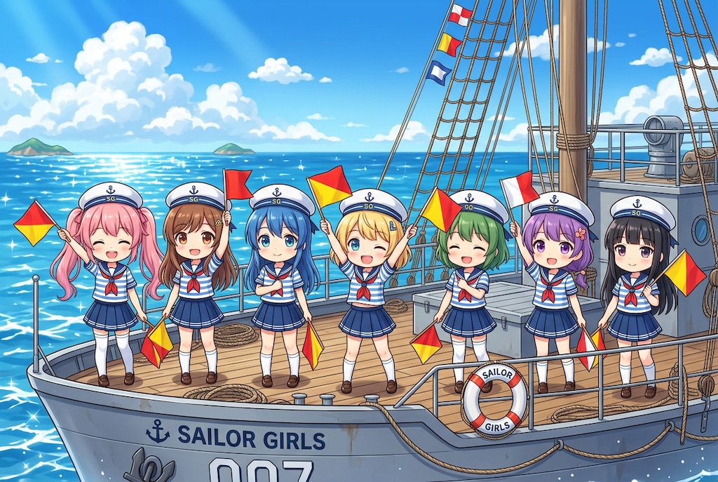 手旗信号を送る水兵ちゃんたち
