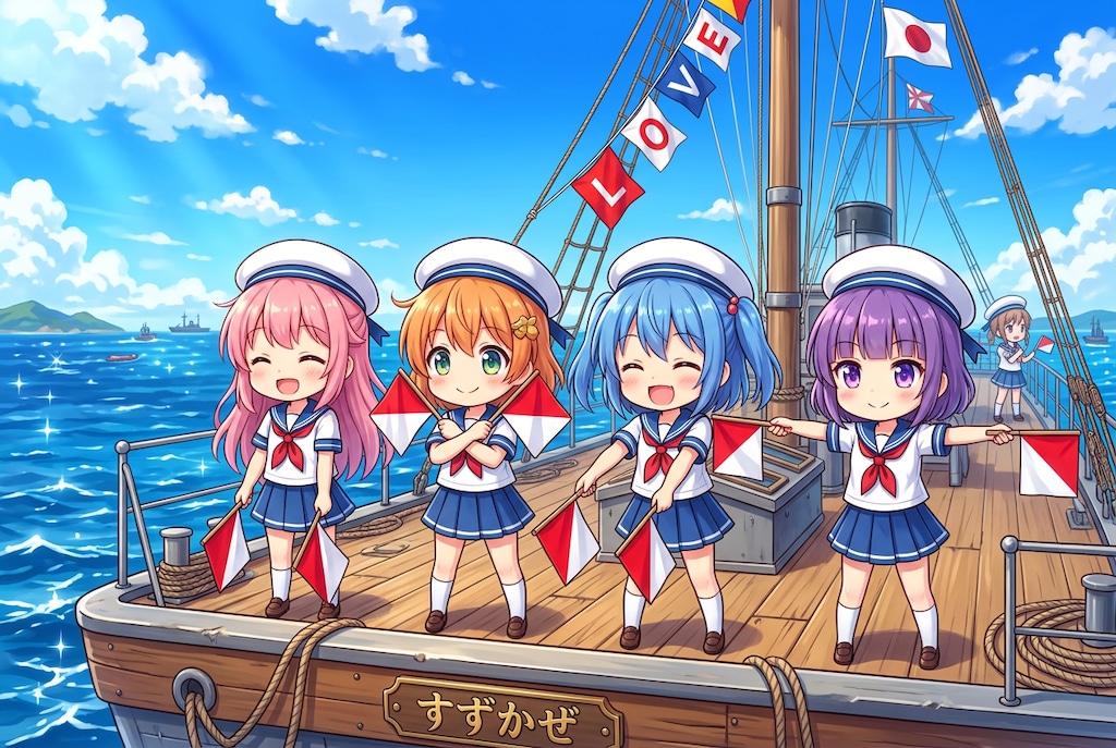 手旗信号を送る水兵ちゃんたち
