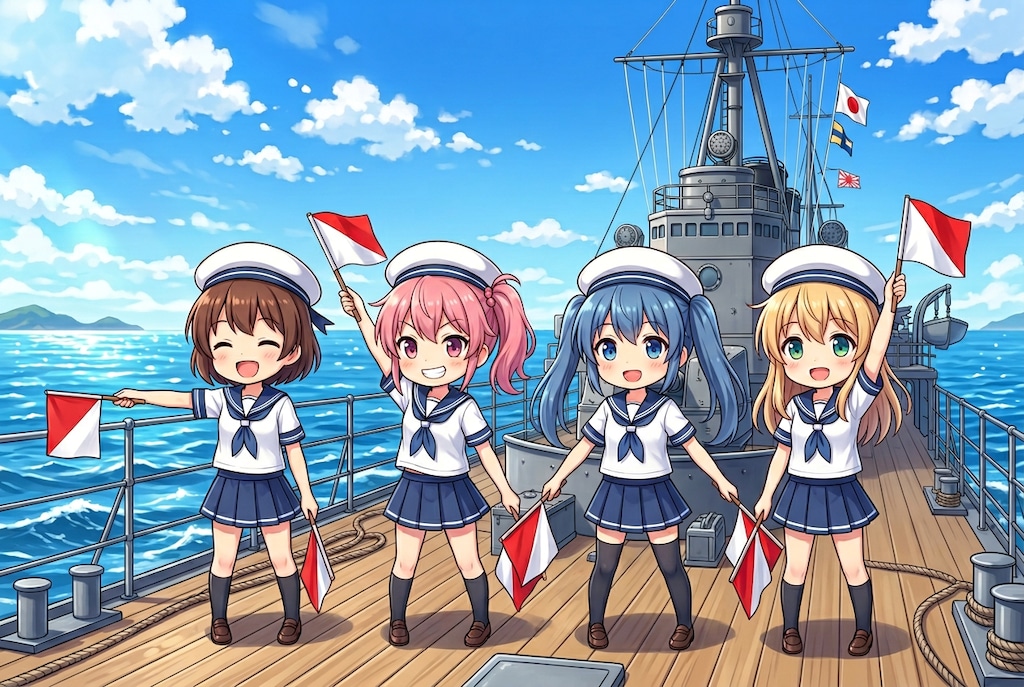 手旗信号を送る水兵ちゃんたち