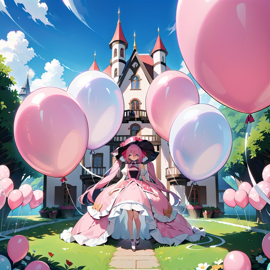 屋敷の庭でピンクの巨大風船を膨らませるメイド服の美女