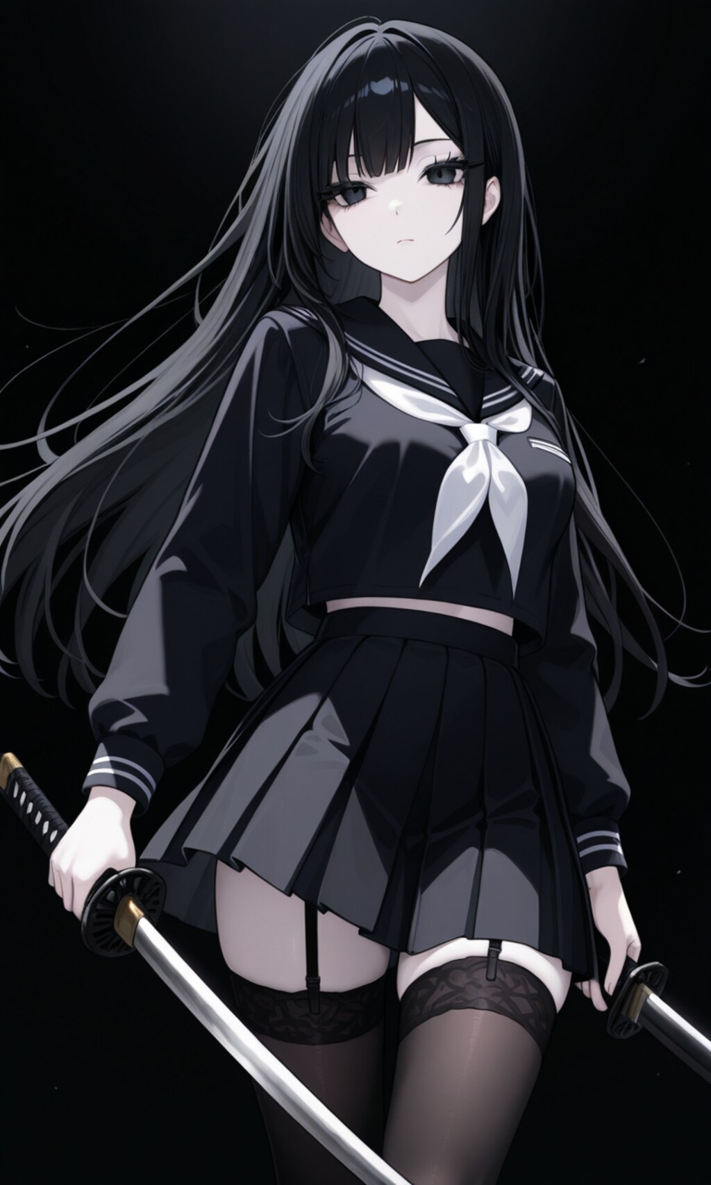 黒セーラーと刀