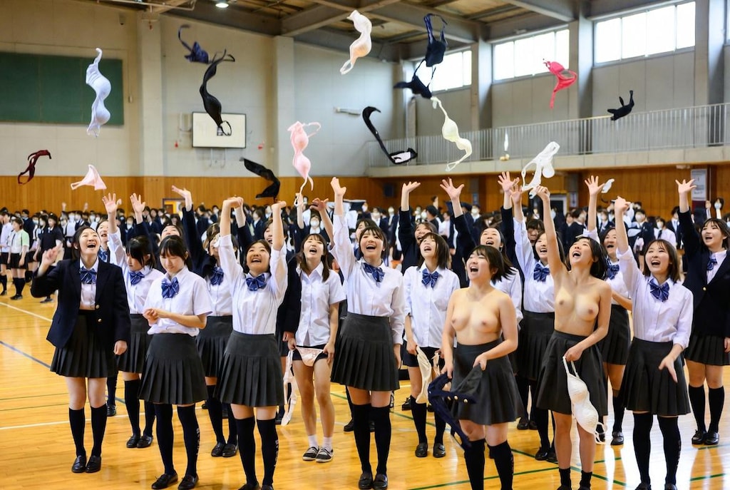 卒業式の伝統、「Bra-Toss/ブラ投げ」を行う卒業生たち