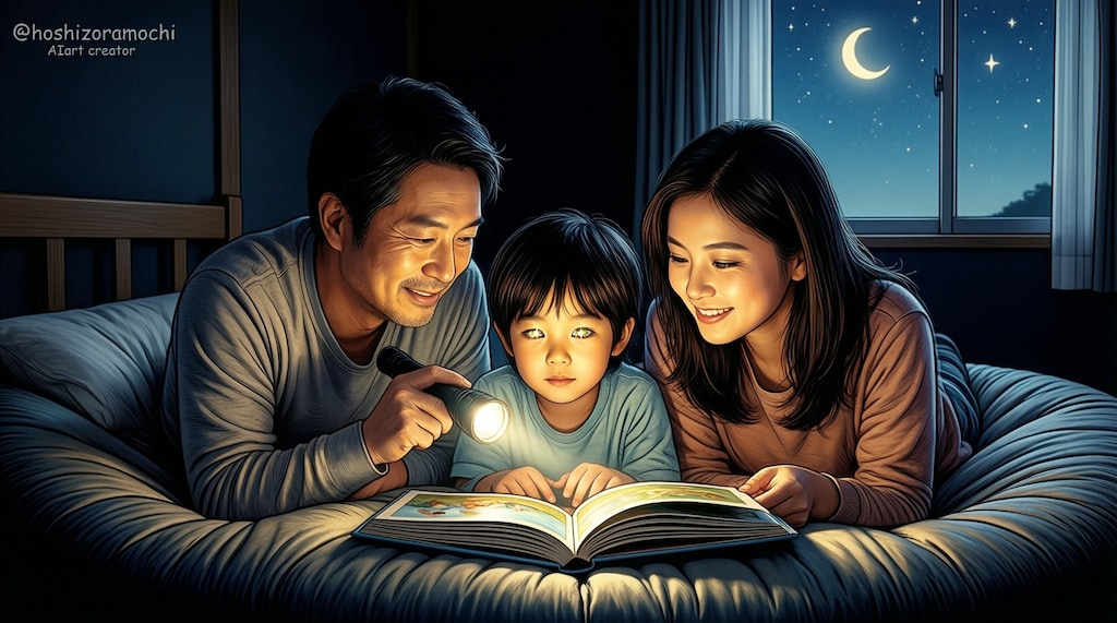 闇の中の小さな光が、家族だけの世界を照らす