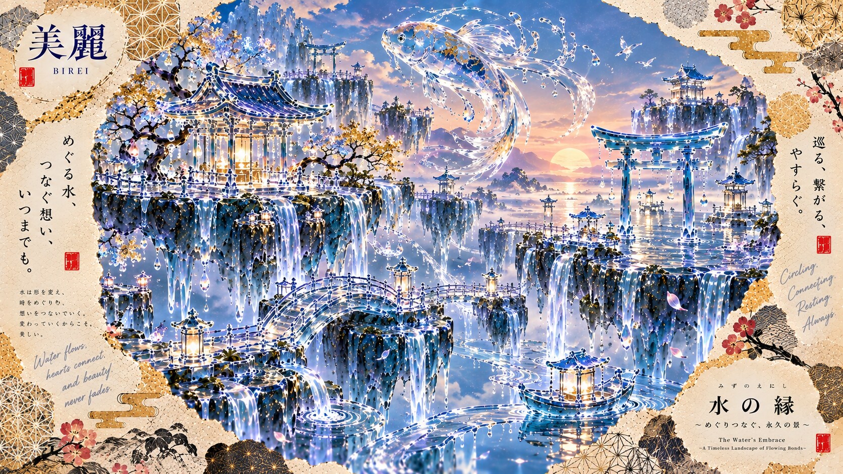 A koi of water and light soaring above a shrine built entirely from waterfalls at sunset.  Water flo | の人気AIイラスト・グラビア