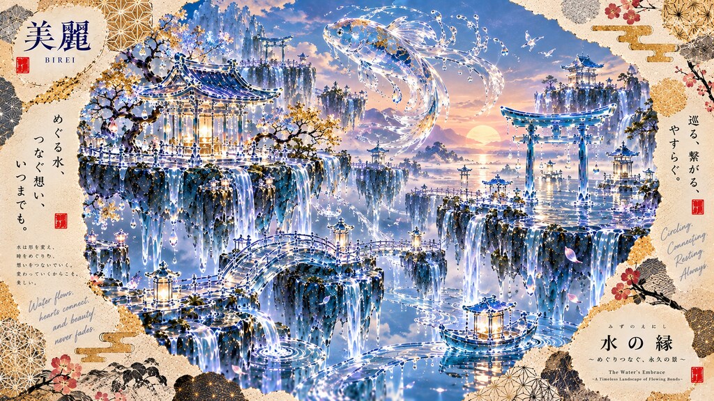 A koi of water and light soaring above a shrine built entirely from waterfalls at sunset.  Water flo