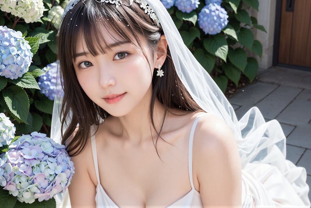 紫陽花とウェディングドレス