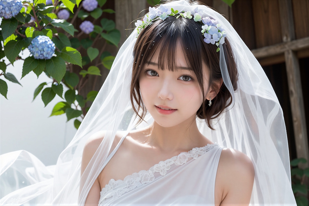 紫陽花とウェディングドレス