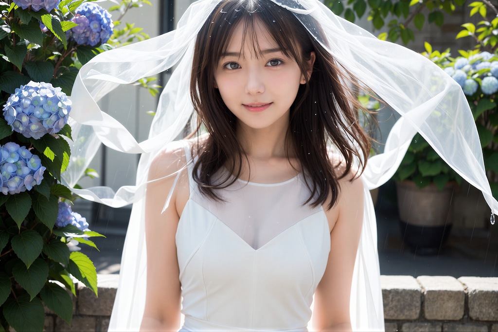 紫陽花とウェディングドレス