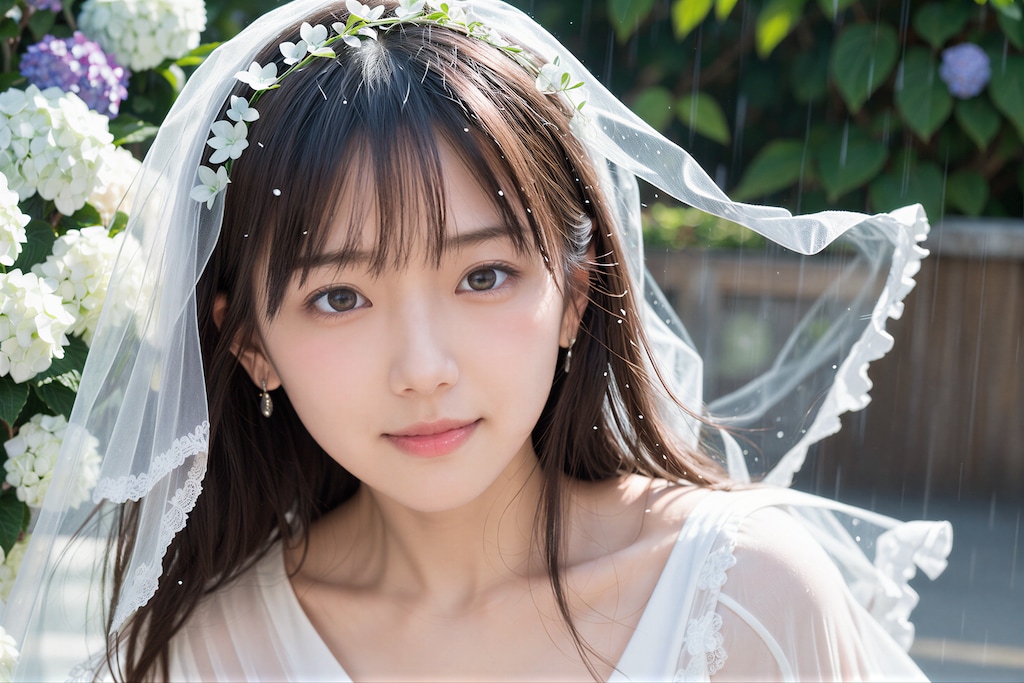 紫陽花とウェディングドレス