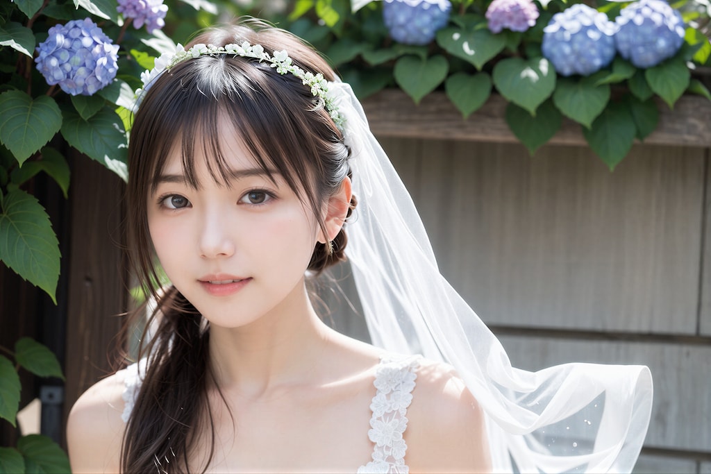 紫陽花とウェディングドレス