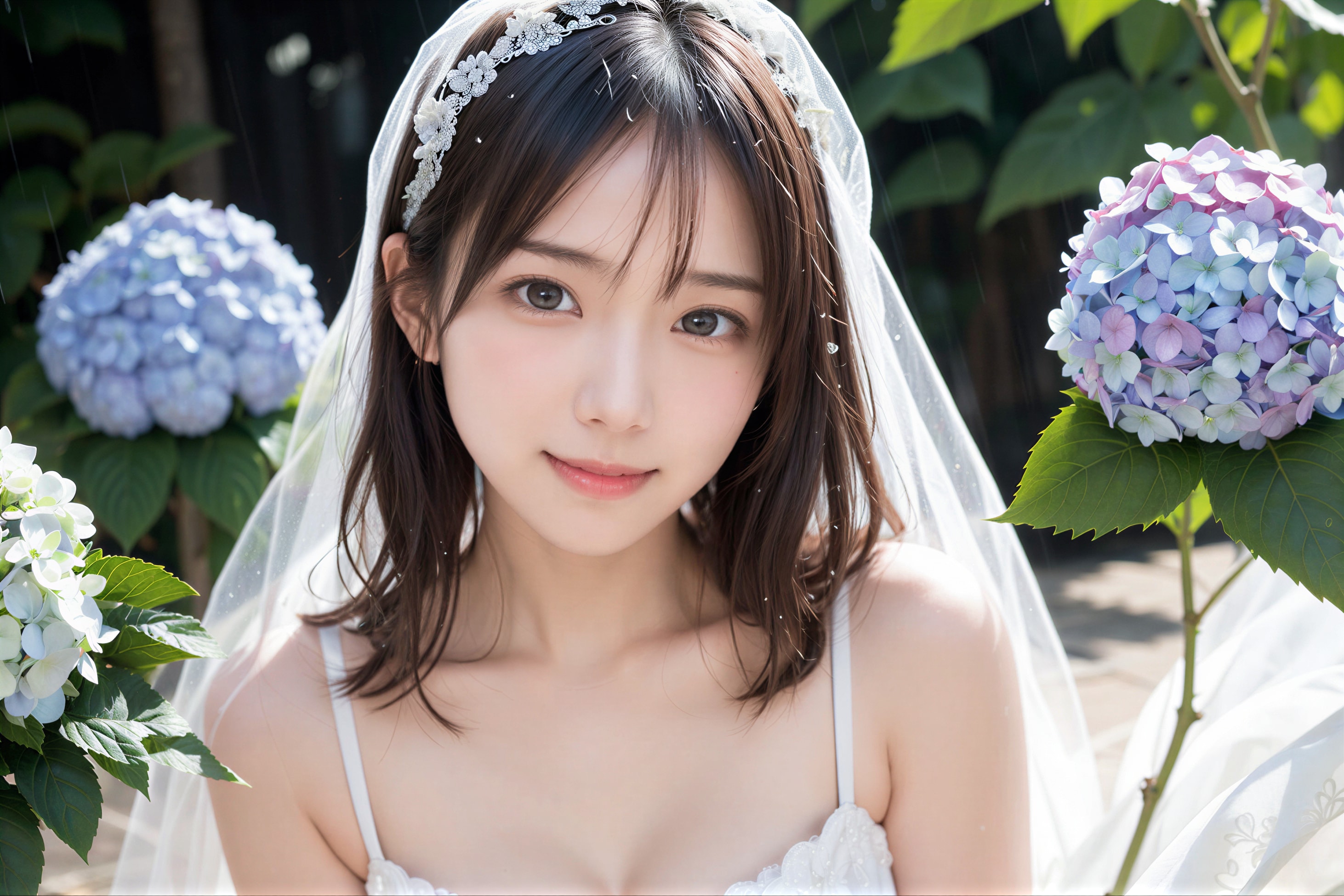 紫陽花とウェディングドレス