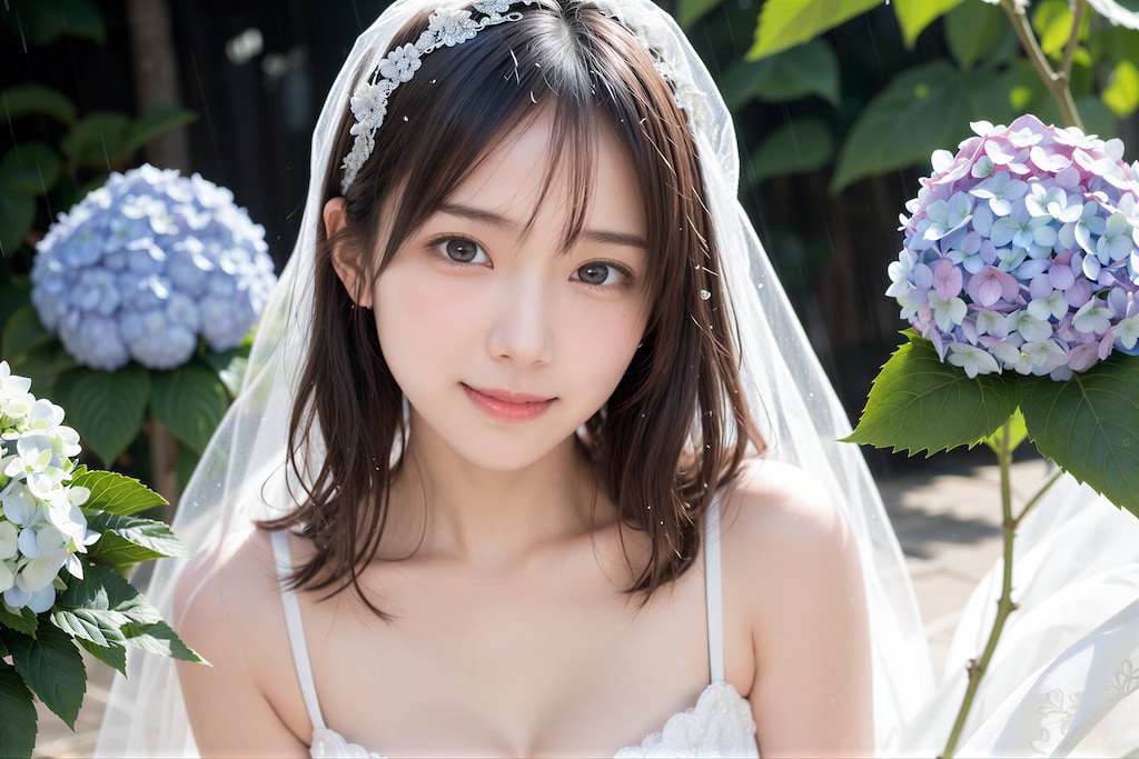 紫陽花とウェディングドレス
