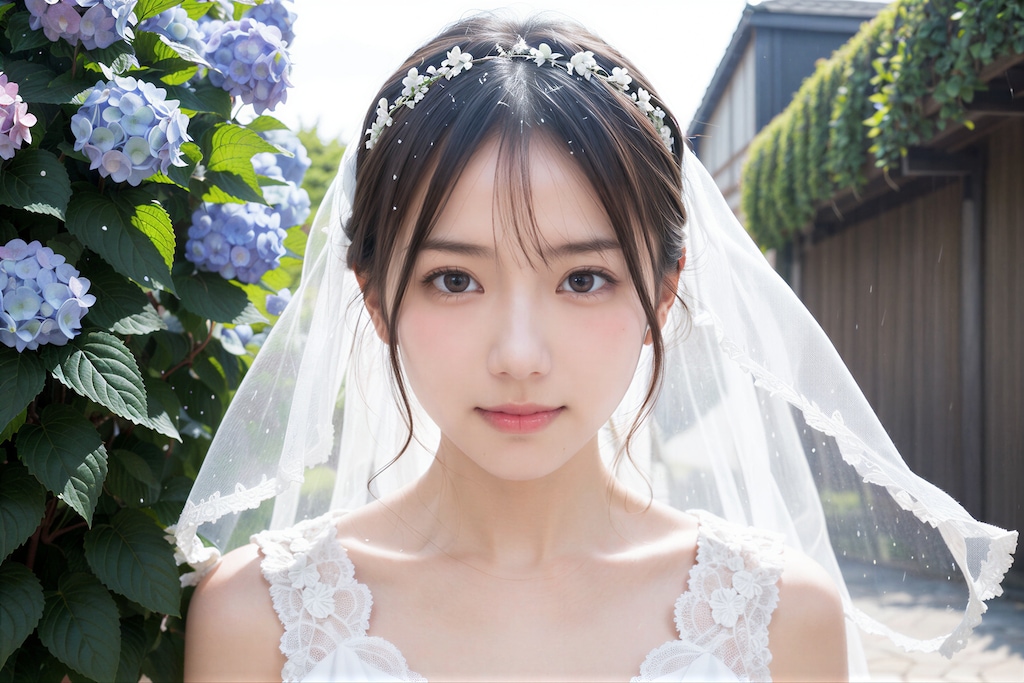 紫陽花とウェディングドレス