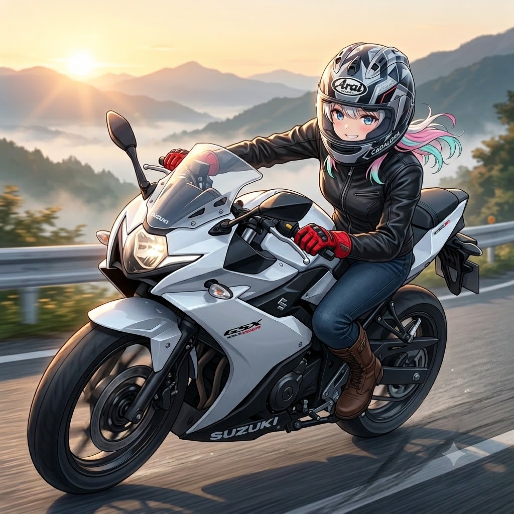 GSX250Rで新体操の会場へ向う鈴木ちゃん🩷