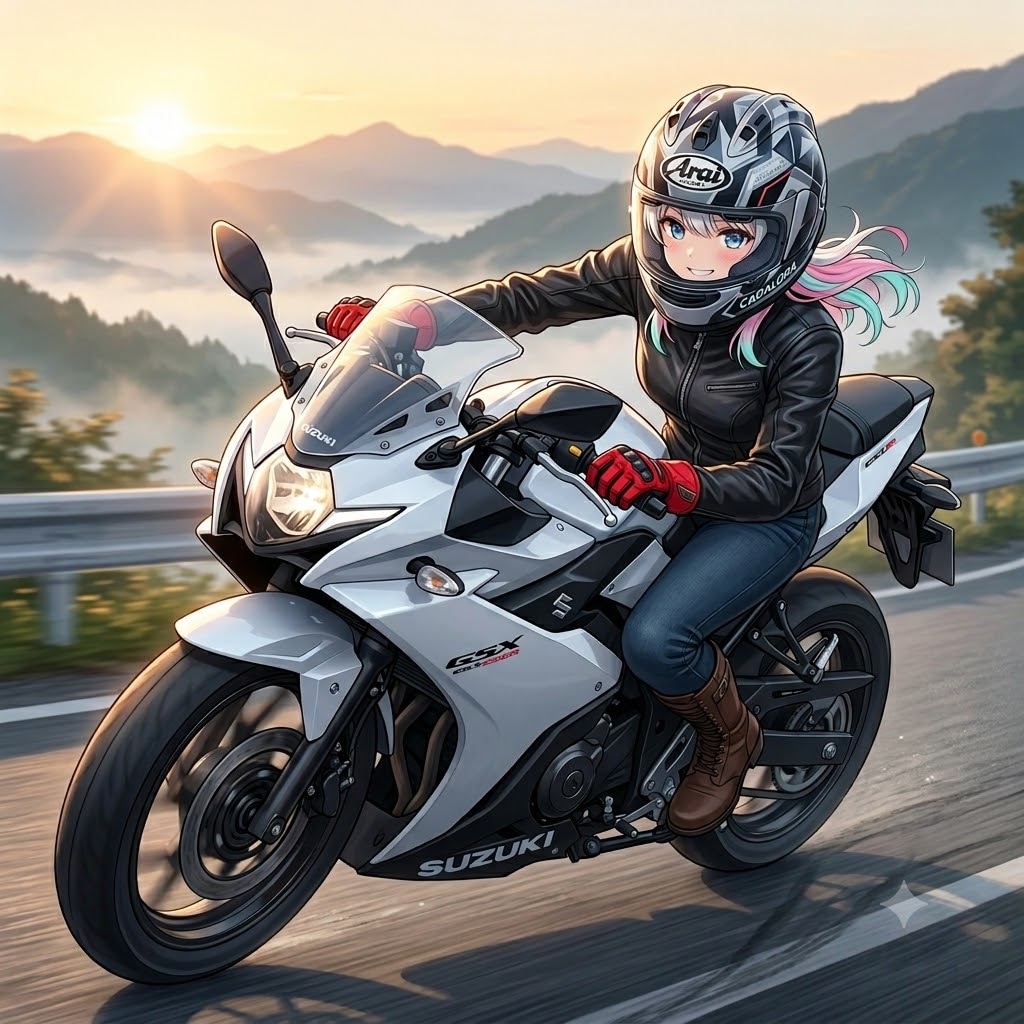 GSX250Rで新体操の会場へ向う鈴木ちゃん🩷