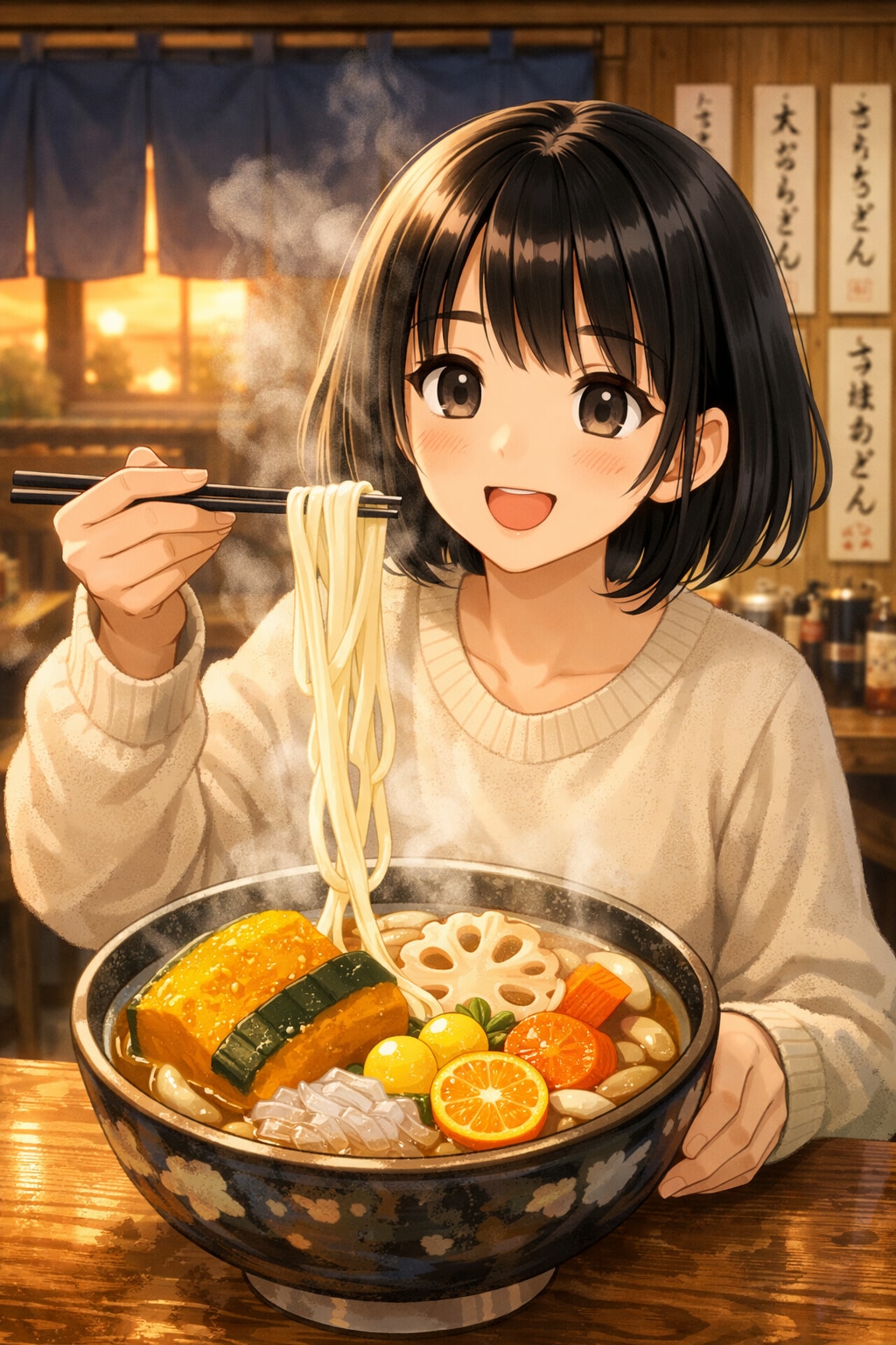 冬至七福のうどんを食べている女の子