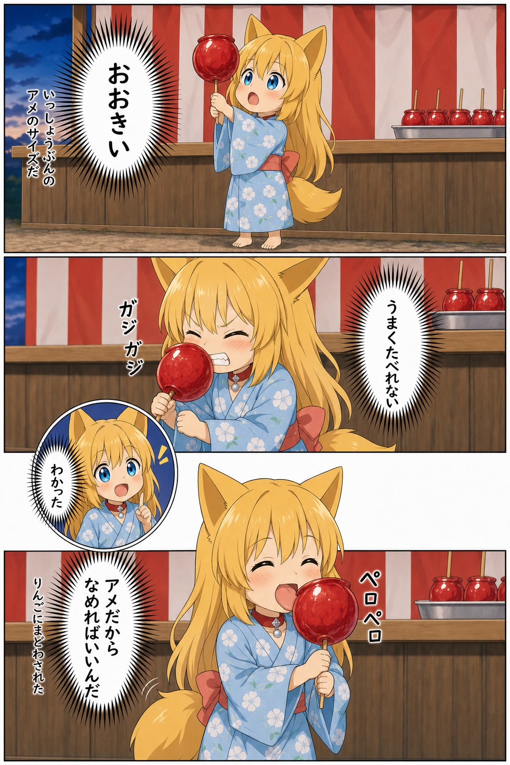 りんご飴に圧倒されるキツネ