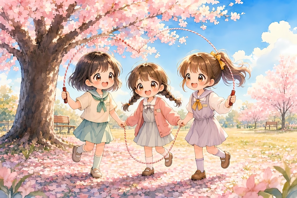 水彩画風ちびキャラの少女たち