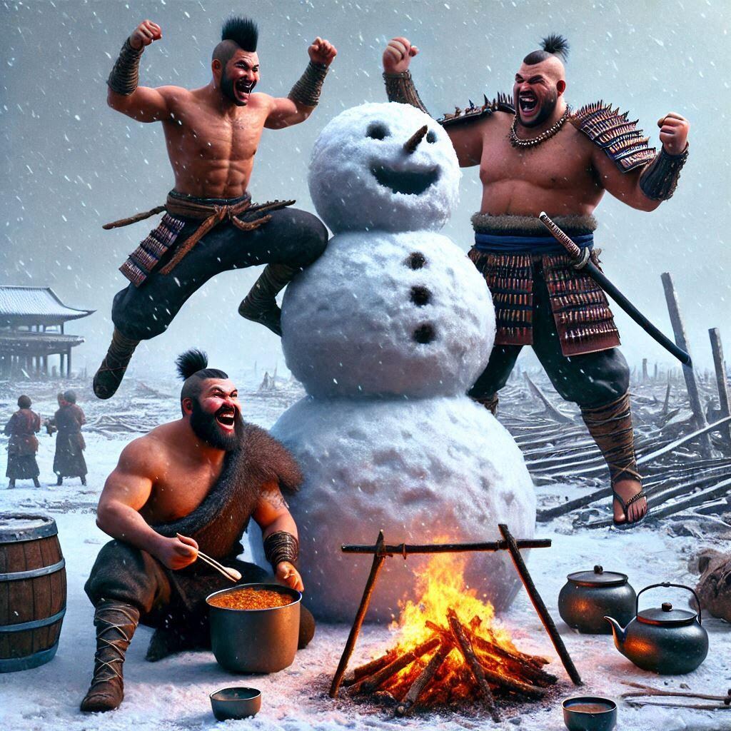 合戦後に炊き出しをするヒャッハー三兄弟